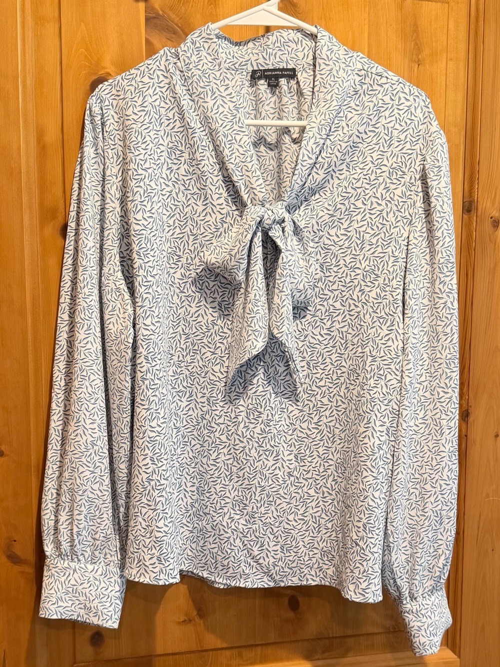 Adrianna Papell White Blouse with Navy and Slate Leaf Print Tie-Neck